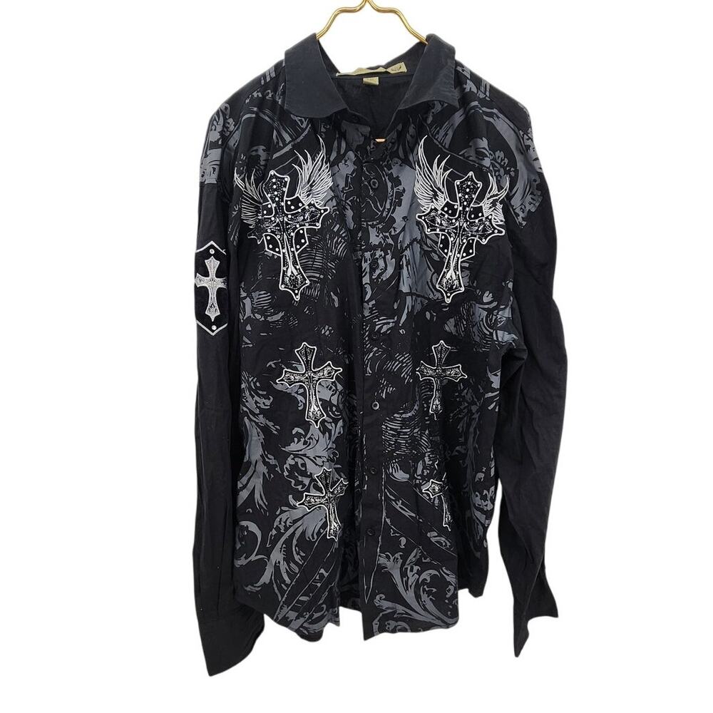 Y2K Victorious Affliction Style‎ Cross Long Sleeve Button Up Jersey Shore 2X
